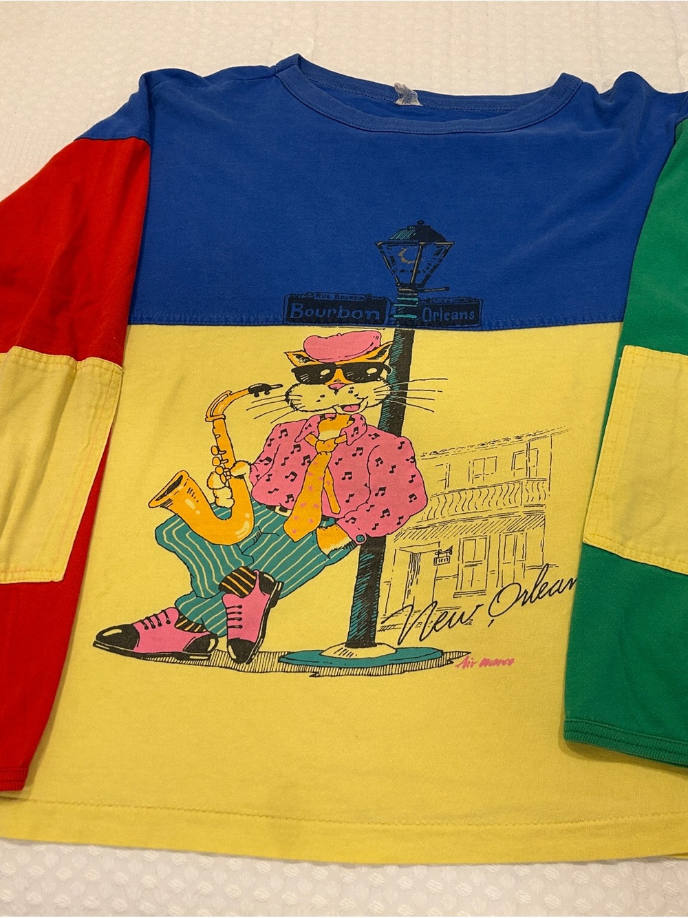 Vintage New Orleans Jazz Cat Colorblock Long-Sleeve Tee - Yellow/Blue/Red/Green